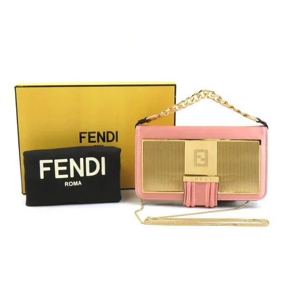 Auth FENDI Smartphone Case Shoulder Case Pink/Gold Satin/Metal Auth FENDI Smartphone Case Shoulder Case Pink/Gold Satin/Metal